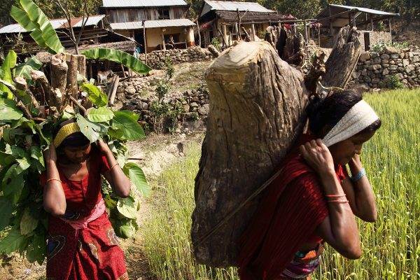Two women, central to an effective response to changing climates, carrying logs in a field.