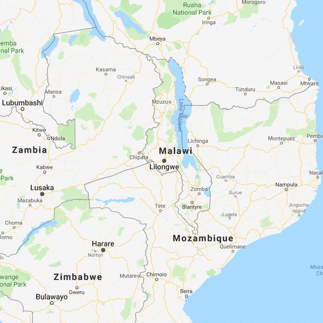A map displaying the location of Kenya and Malawi.