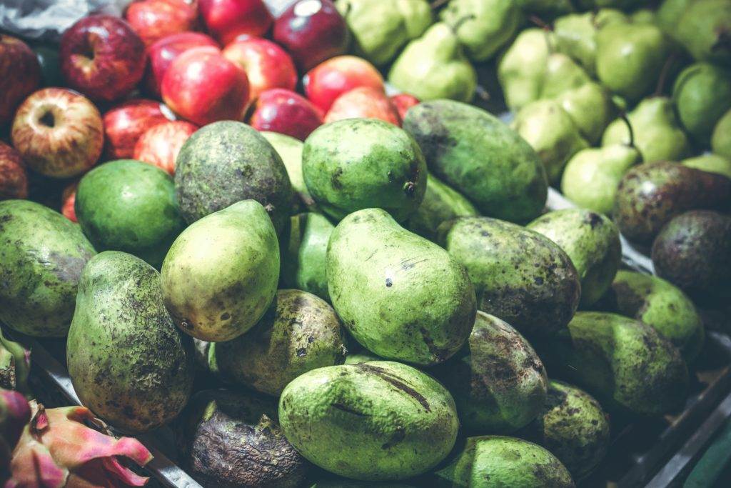 A table covered with a variety of pears and apples, providing food for thought.