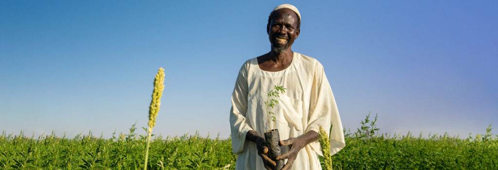 A man standing in a field on the homepage.