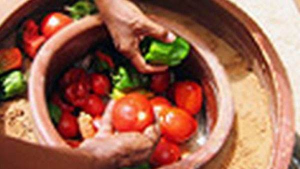 A person is planting tomatoes in a clay pot in a food and agriculture video.