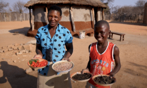 Two farmers showcasing their harvest in front of a traditional hut during the annual report on successful farming.