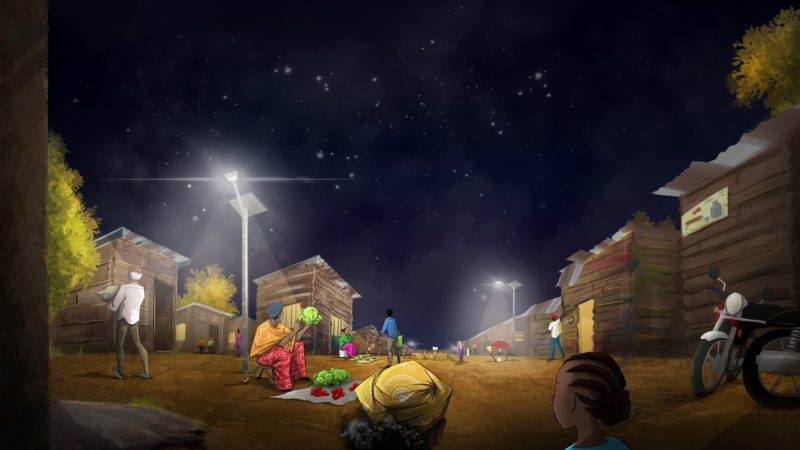 A painting of a night scene in a village.