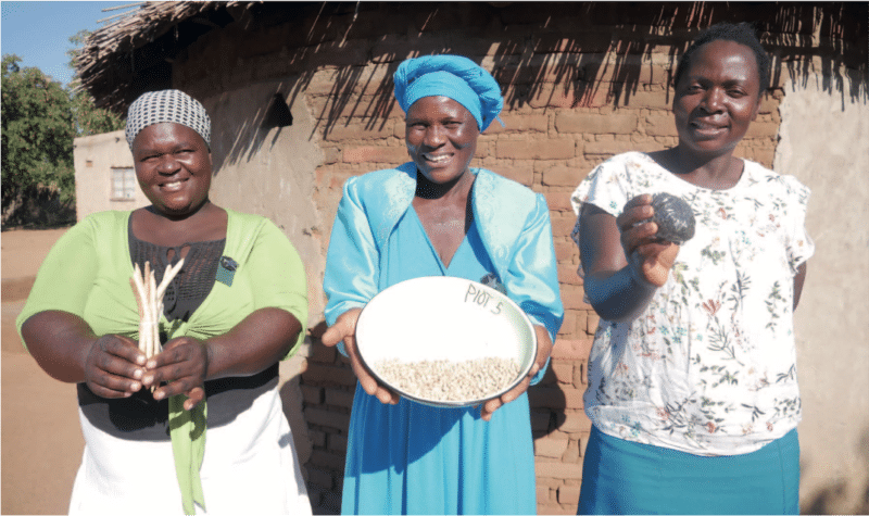 Three women at a hut with bowls of food, Community Based Adaptation 15 Conference.
