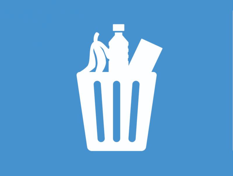 A white trash can icon on a blue background.