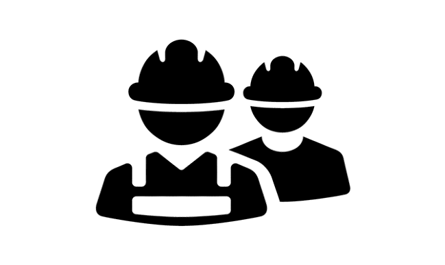 Two construction worker icons managing our waste on a white background.