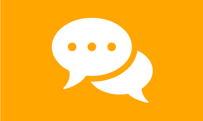 An orange background with a white icon depicting two speech bubbles.