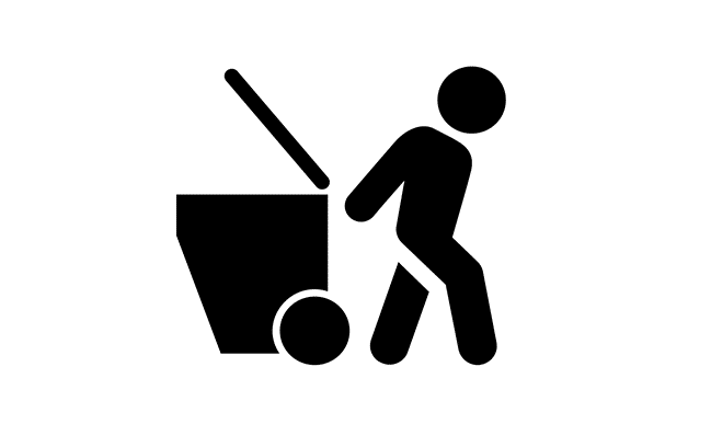 A man managing waste by pushing a trash can icon on a white background.