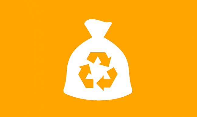 A white bag displaying the recycling symbol, emphasizing waste management.