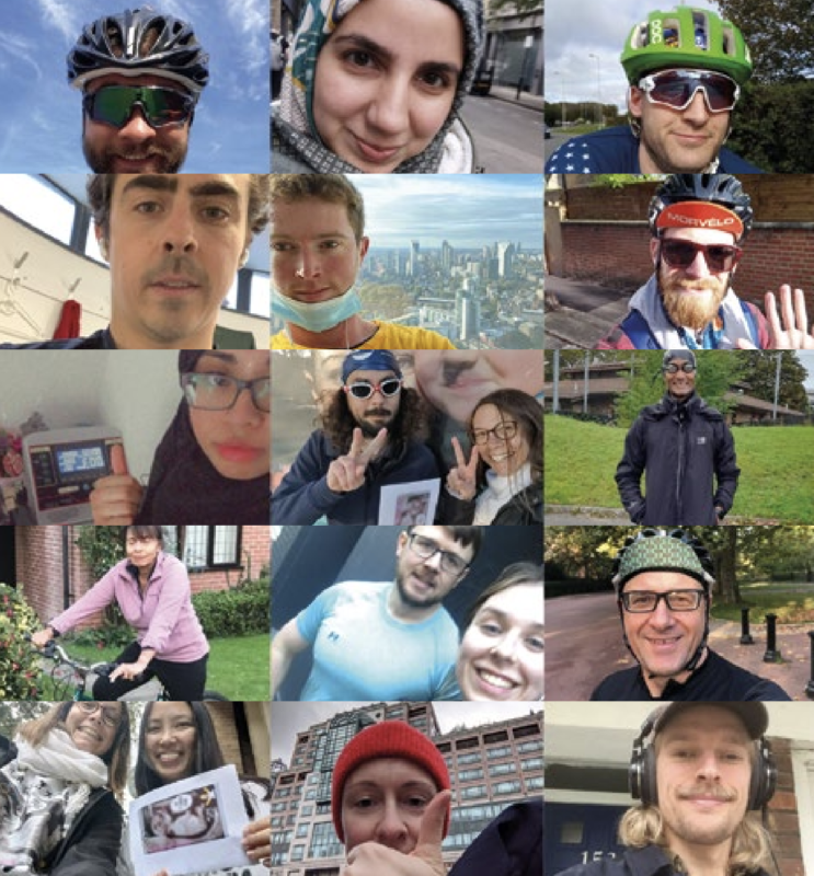 A collage of photos of people choosing a better future with bicycles and helmets.