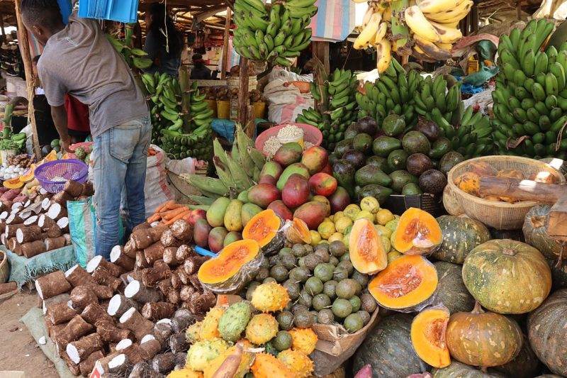 A man reducing food waste in front of a fruit stand.