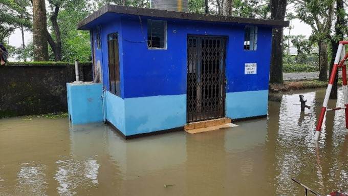 Blue MHM friendly school latrine at Niagul GPS, Lengura union, Gowainghat after flash flooding in Bangladesh