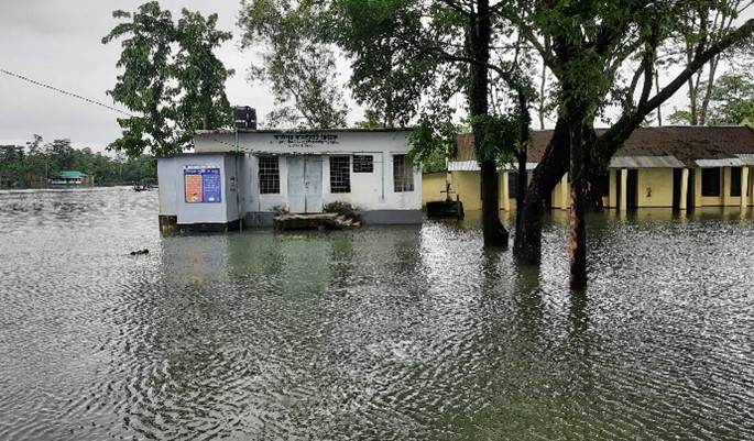 The flooded buildings of Barkipur CC of Paschim Alirgaon Union, Gowainghat, Sylhet after flash flooding in Bangladesh