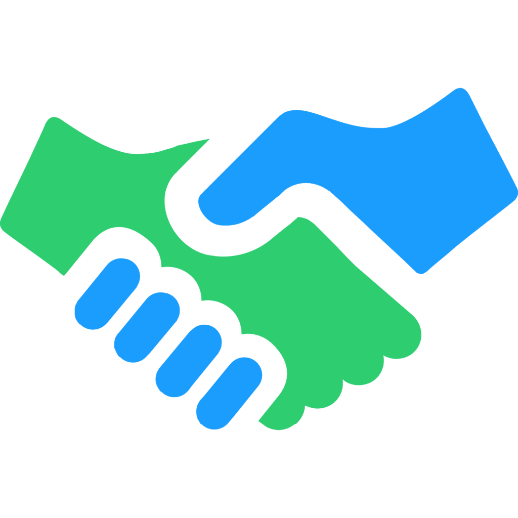 A handshake logo featuring blue and green colors symbolizing stories of change on a white background.