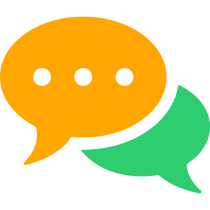 Two stories of change represented by orange and green speech bubbles on a white background.