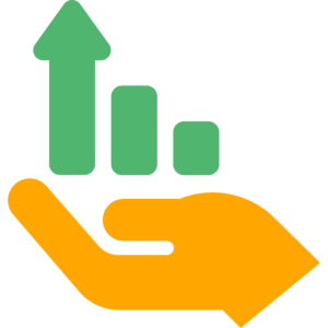 Stories of Change represented through a hand holding a graph with an upward arrow.