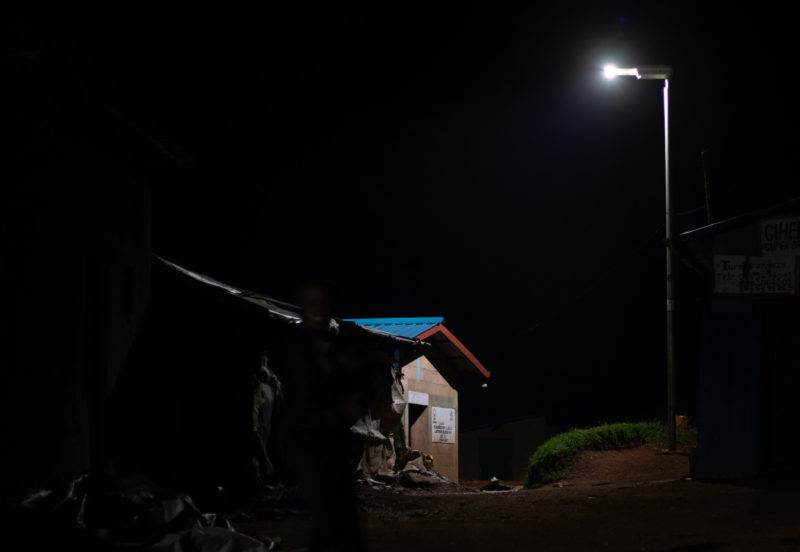 Dark area in a Rwanda Refugee Camp, with a single street light