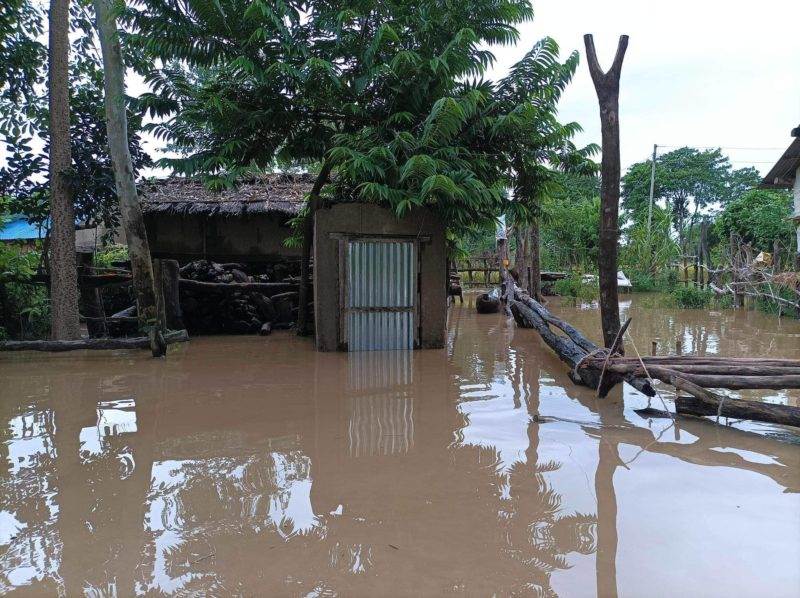 A flooded village in Nepal with around 1 to 2 feet of dirty flood waters