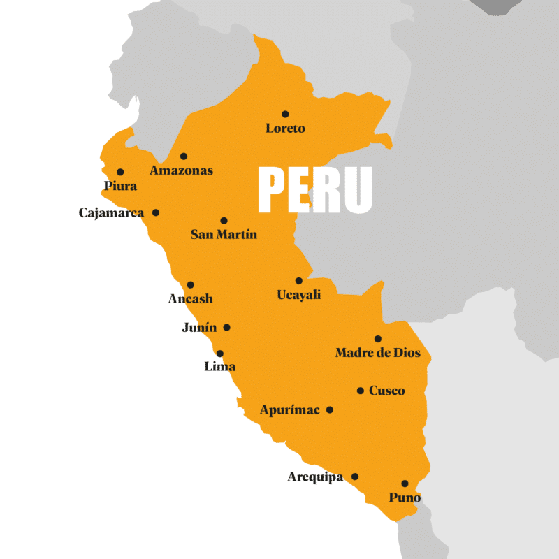 A practical map of Peru highlighting major cities.