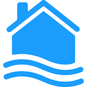 A blue house with water surrounding it.