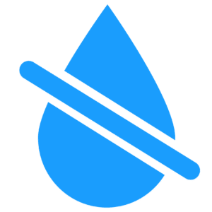 A blue water drop icon with a no water sign.
