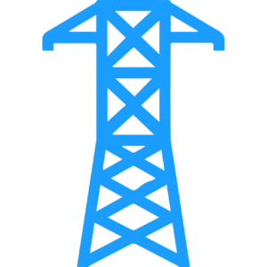 A blue power tower icon on a green background.