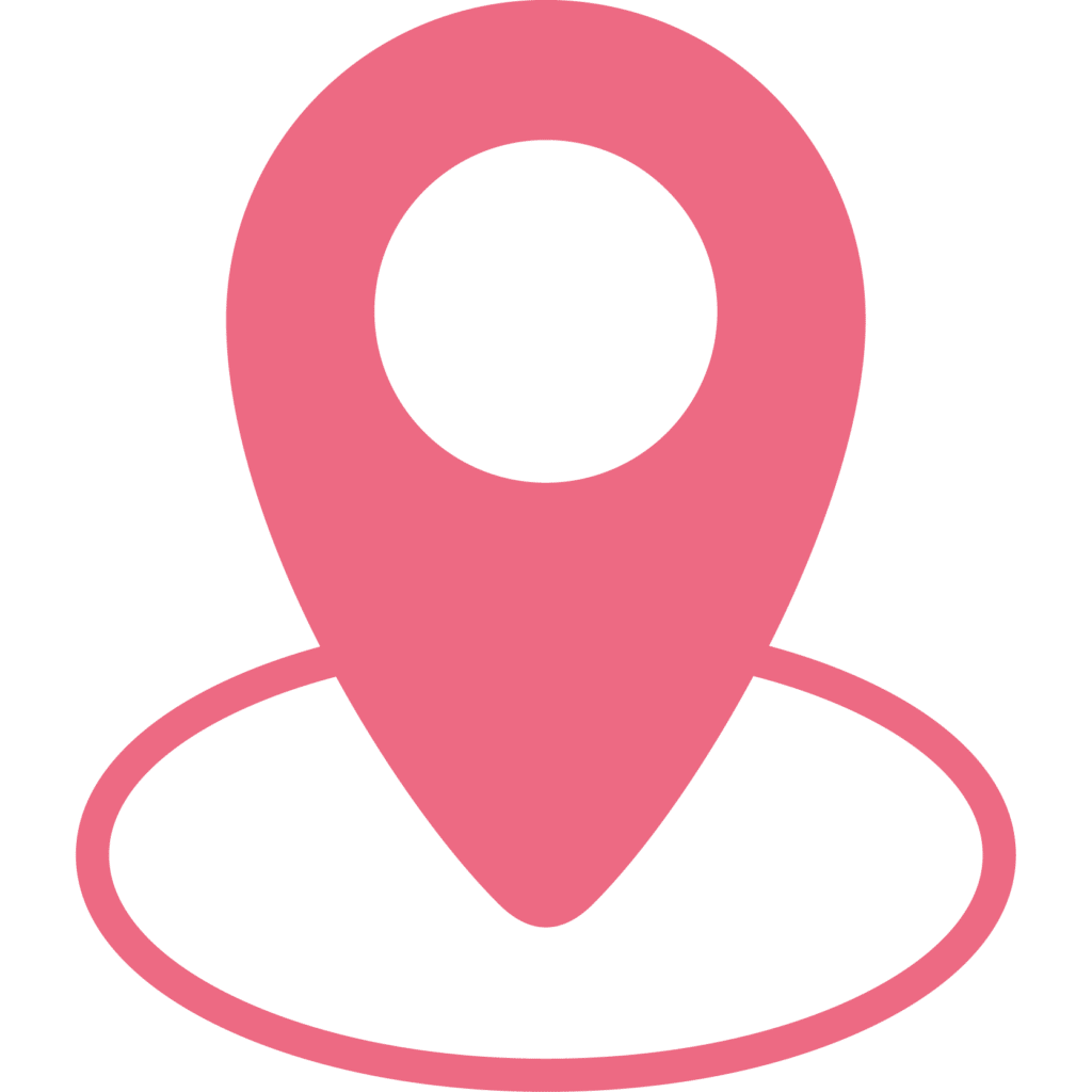 A pink location pin icon on a green background.