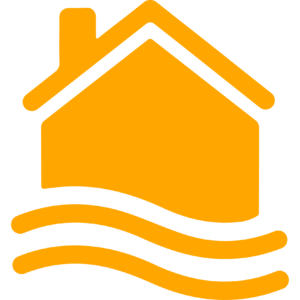 A house with a wave in the background.