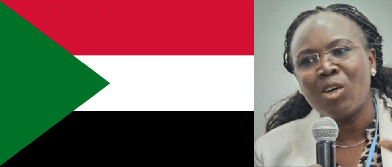 A woman advocating for climate change action in Sudan while standing next to the Sudanese flag.
