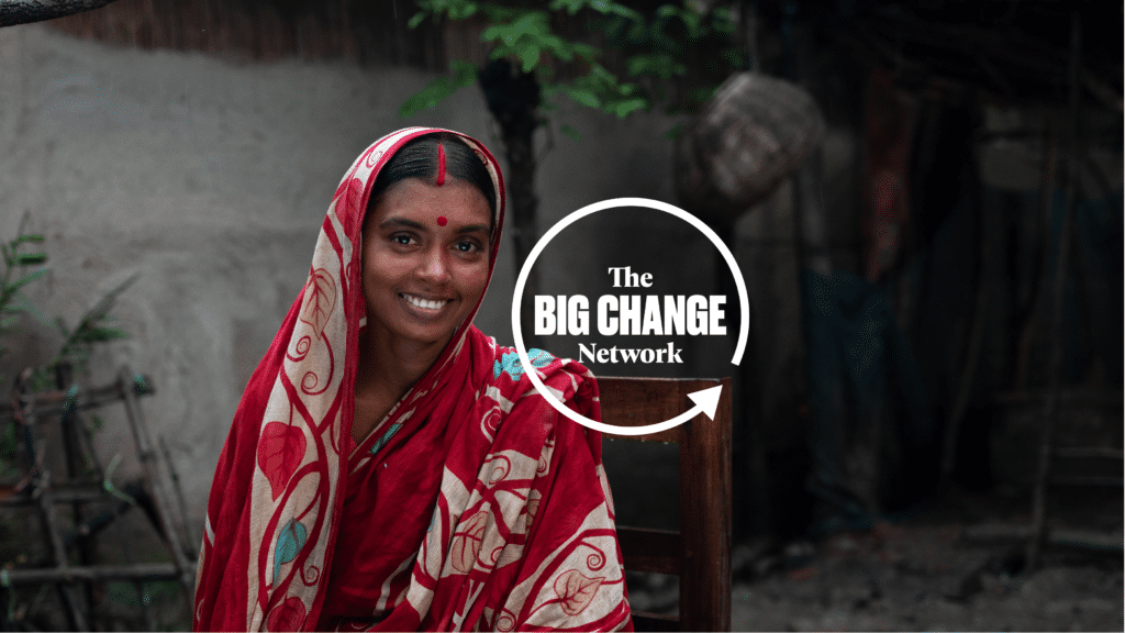 An image of a woman in a sari representing philanthropy with the words the big change network.