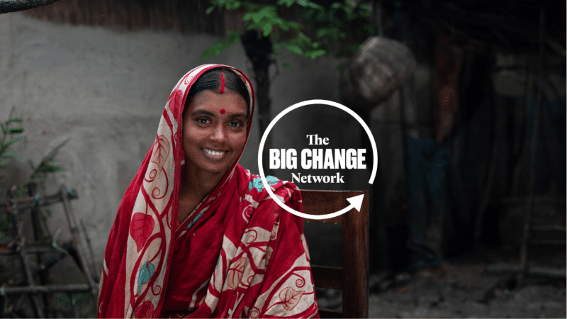 An image of a woman in a sari representing philanthropy with the words the big change network.