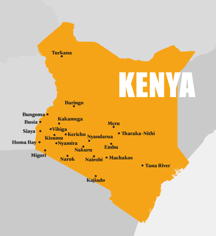 A map of Kenya featuring the major cities.
