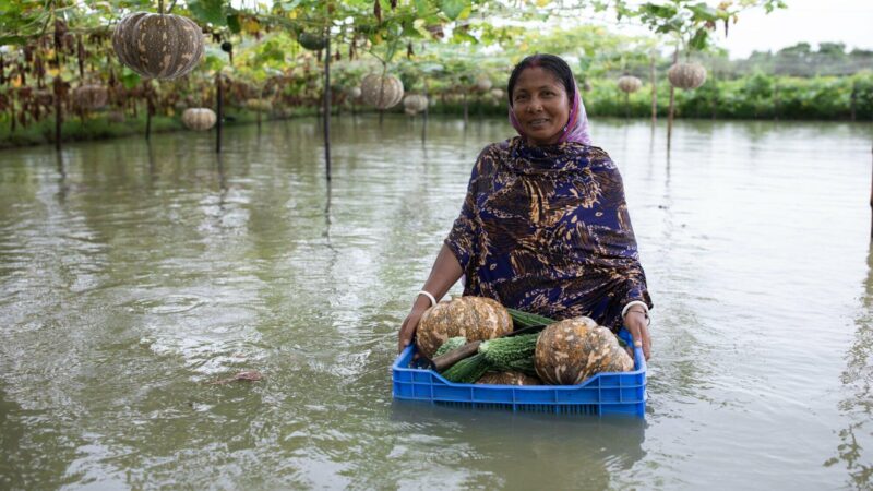 A woman sitting in a crate surrounded by watermelons in a serene pond embodies the concept that hope requires action.