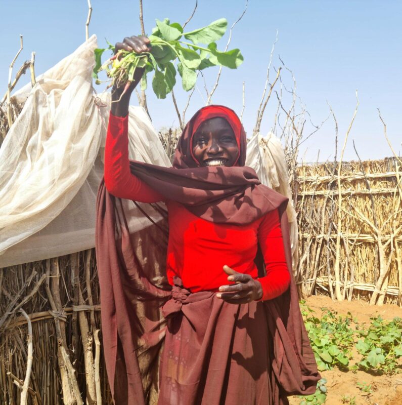 A woman holding a plant in front of a hut, symbolizing growing prosperity in North Sudan.