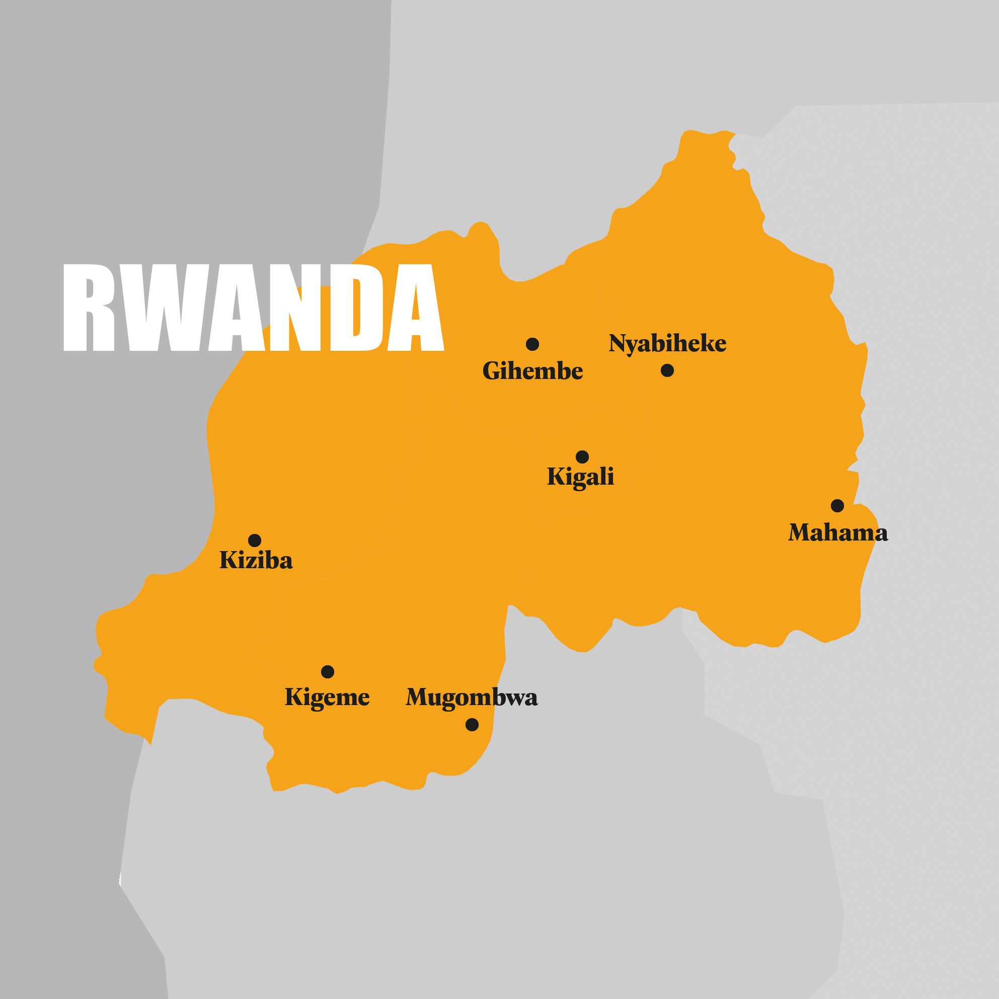 A map outlining the major cities in Rwanda.