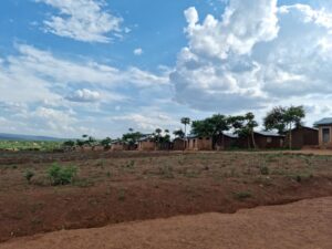 A group of climate-resilient huts in a dirt field under a cloudy sky, housing Rwandan refugees turned farmers.