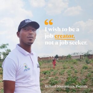 A man standing in a field with the quote advocating for climate-resilient farming to support farmers and empower Rwandan refugees to become job creators instead of job seekers.
