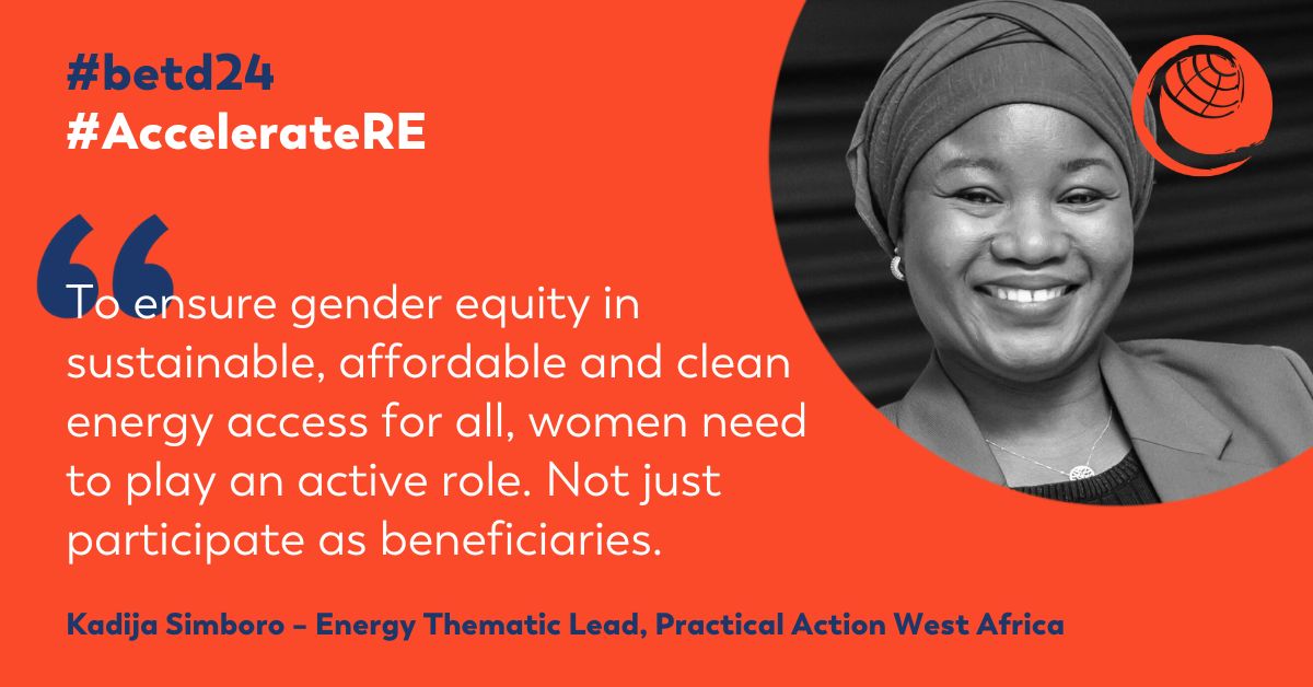 Promoting gender equality in sustainable energy: kadjo simboro, energy thematic lead, advocates for women's active participation in the renewable energy sector. #betd24 #acceleratere.