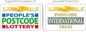 Two logos side by side, the left is for "people's postcode lottery" and the right is for "postcode international trust," both featuring banners stating financial support and fund awarding.