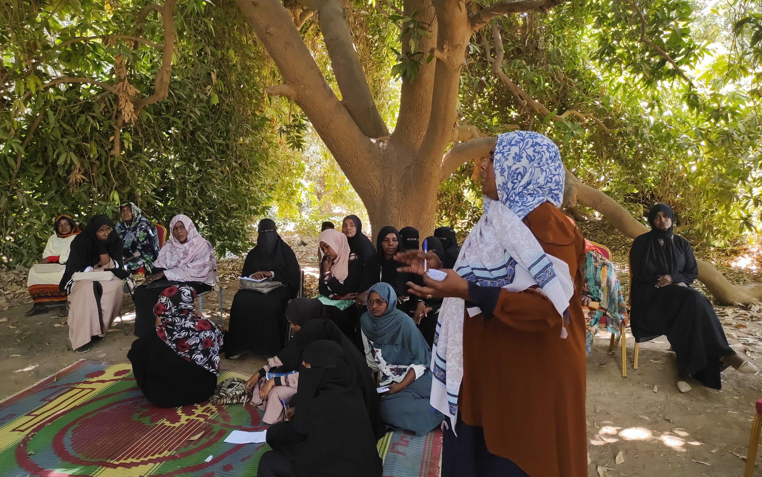 A group of women, some seated and others standing, are gathered outside under a large tree. One woman stands and speaks while others listen attentively. They appear to be in a communal meeting.