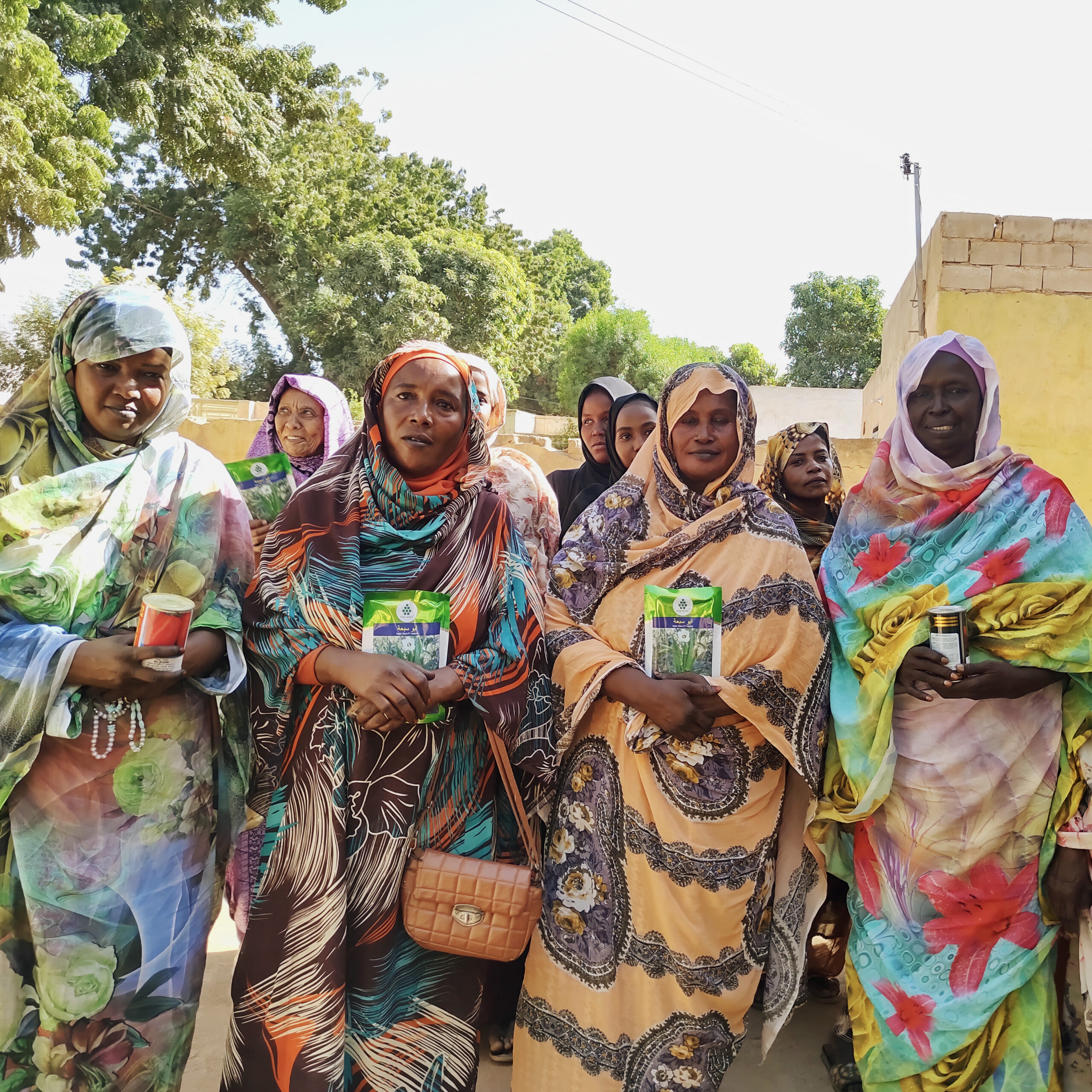 A group of women in colorful traditional attire holding boxes of aid supplies, standing outdoors under clear skies.