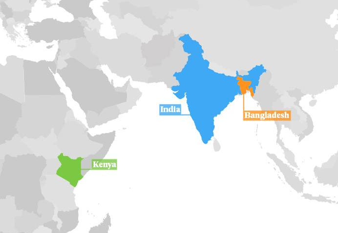 Map showing India (blue), Bangladesh (orange), and Kenya (green) highlighted.