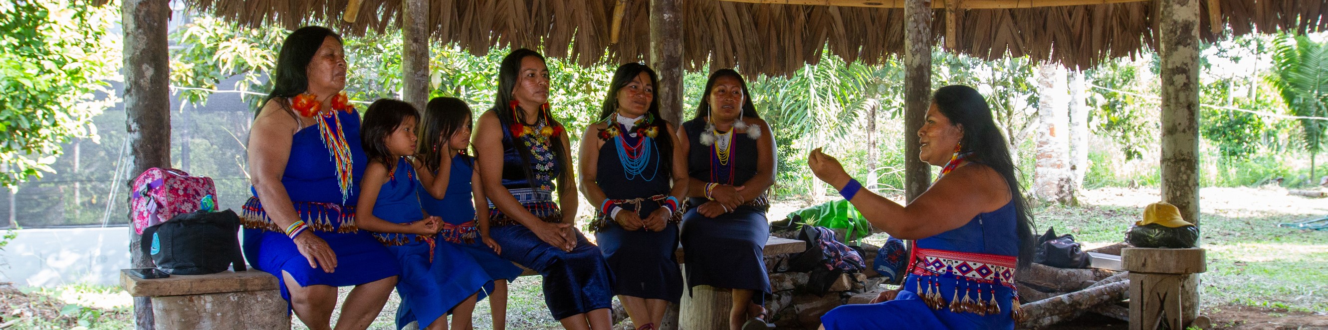 A group of women and girls in traditional attire sit under a thatched roof while one woman gestures as she speaks to them.