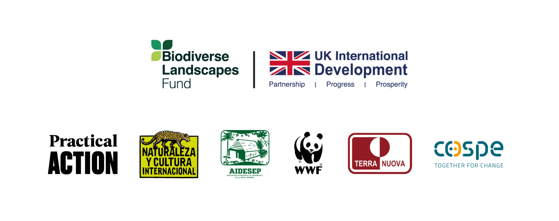 Logos of various organizations: Biodiverse Landscapes Fund, UK International Development, Naturaleza y Cultura Internacional, AMBES (Association of Mammals and Birds of Ecuador), WWF, Terra Nuova, COSPE.