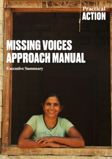 Cover of the "Missing Voices Approach Manual: Executive Summary" by Practical Action, featuring a smiling person standing in a window frame.
