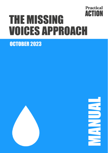 The Missing Voices Approach Manual, October 2023, by Practical Action. The cover is blue with a white water droplet icon.