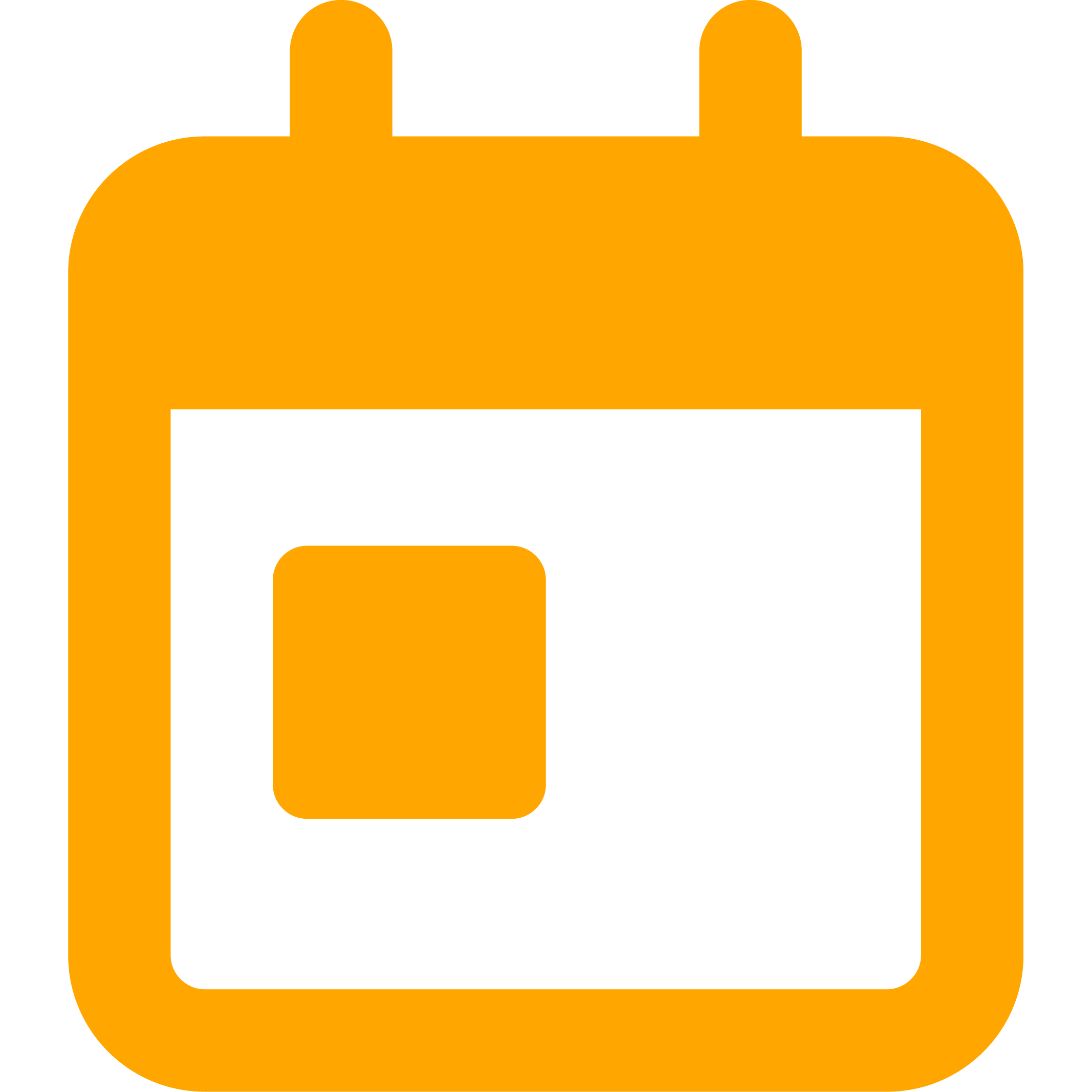 An orange calendar icon with a black outline featuring a square marking a day.