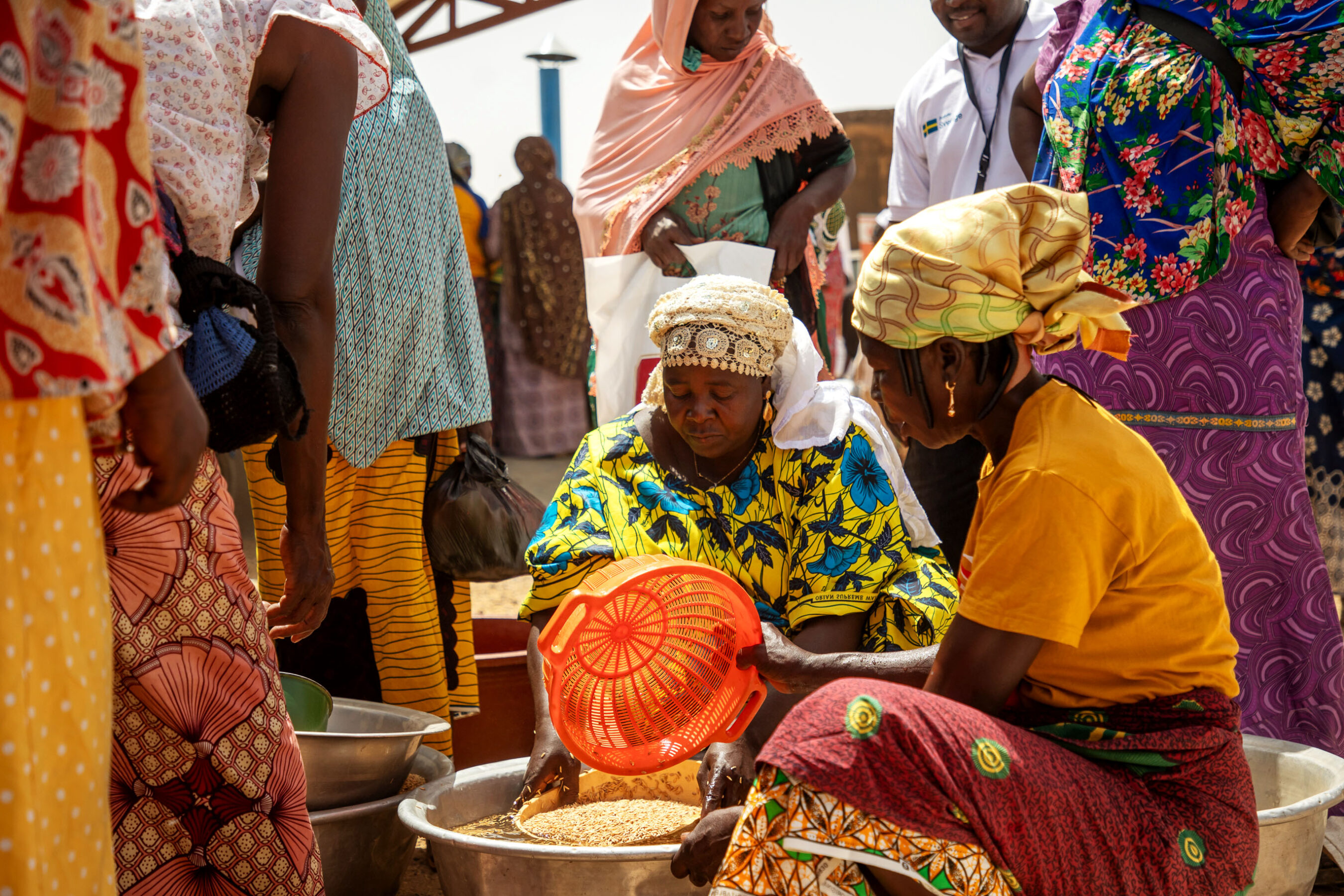 Women prepare rice to take to market.