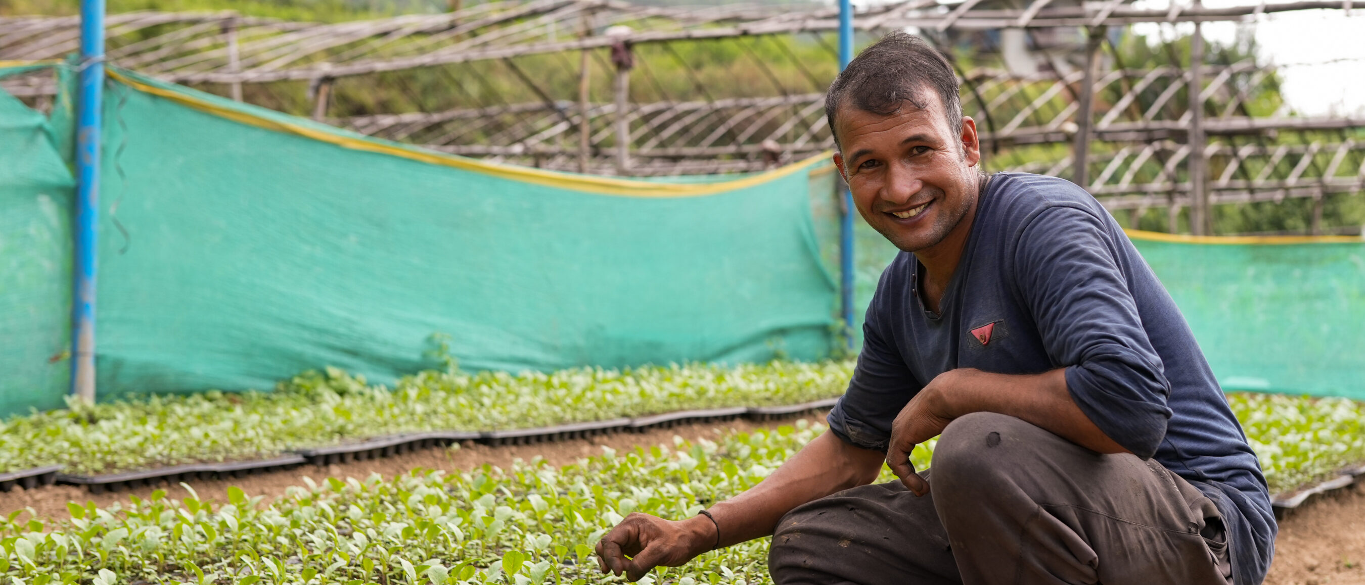 A person kneels and smiles while tending to young plants in an outdoor garden with green netting and wooden frames in the background.