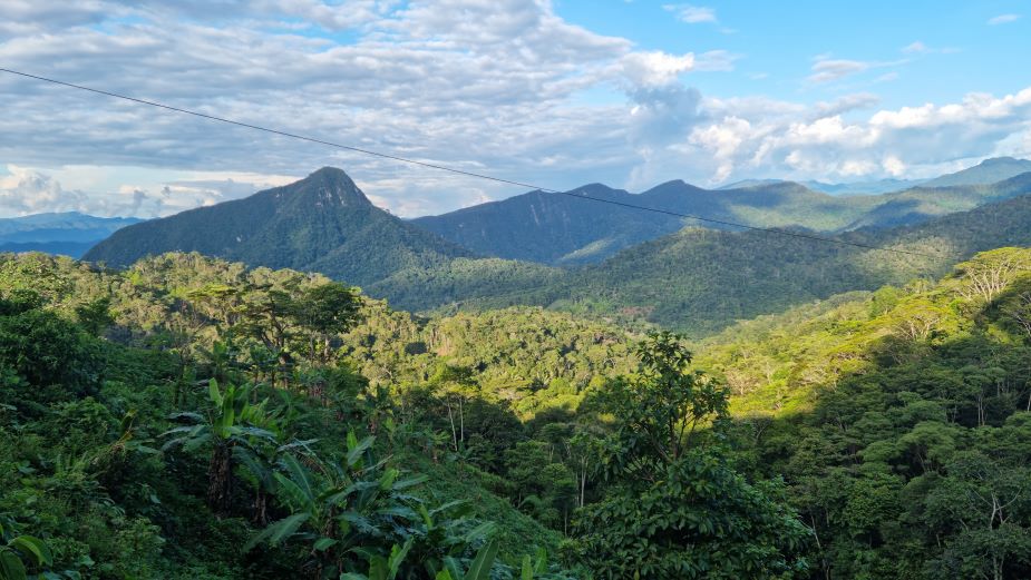 Lush green mountains under a partly cloudy blue sky, with dense forest covering the landscape. A power line runs horizontally across the view.